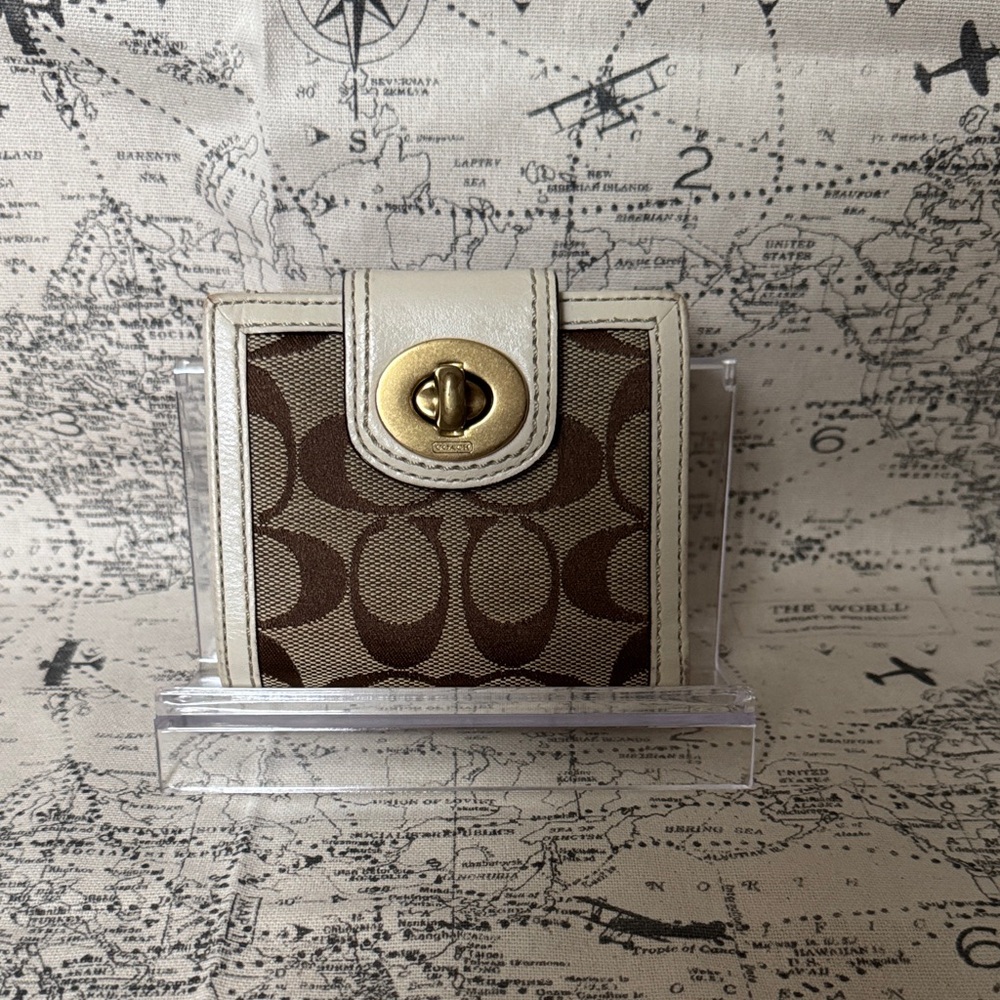 Coach Brown and Cream Wallet with Gold turn key